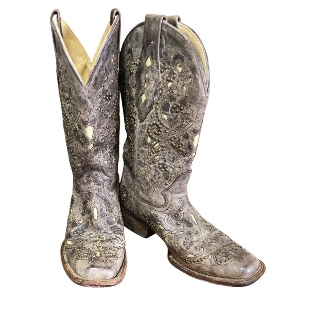 Corral Boots Womens 6.5M A1121 Brown Crater Bone Inlay Square Toe Studded Cowboy